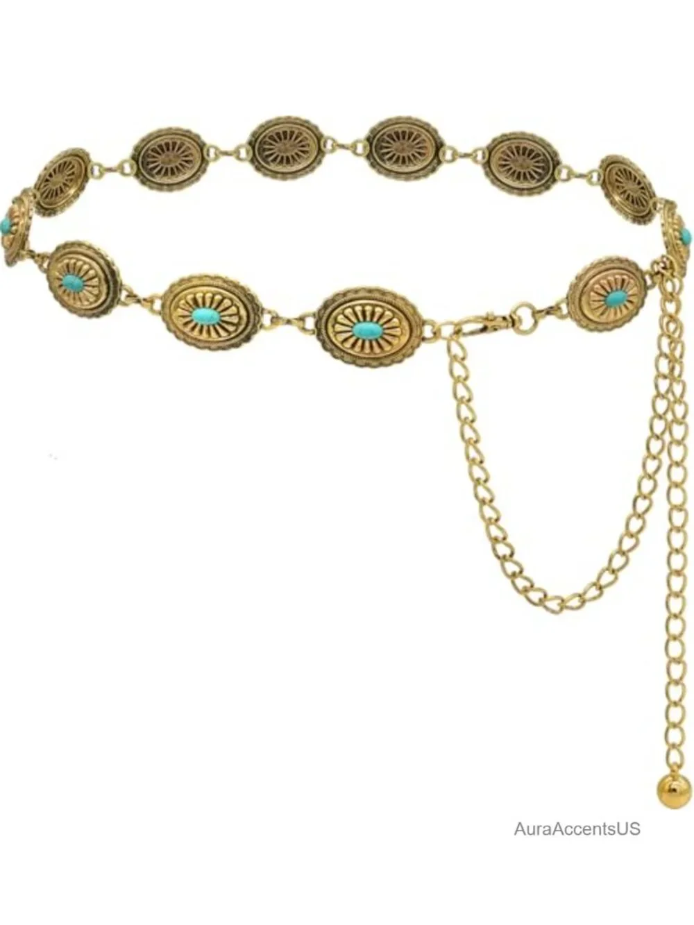 Metal Turquoise Concho Chain Belt Western Cowgirl Waist Chain